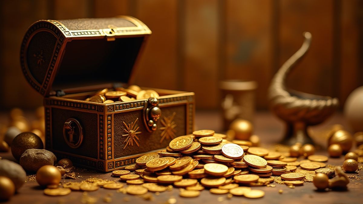 Coffre au trésor avec des pièces dorées et des artefacts égyptiens.