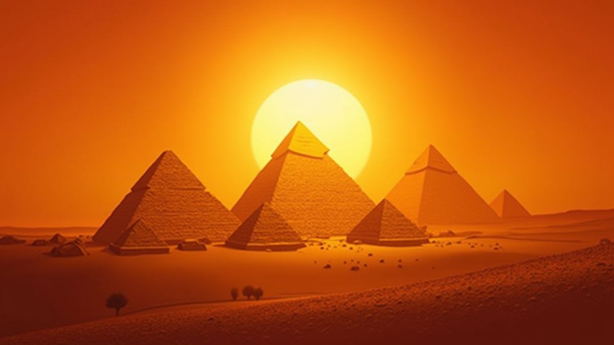 Pyramides dorées sous un coucher de soleil éclatant.