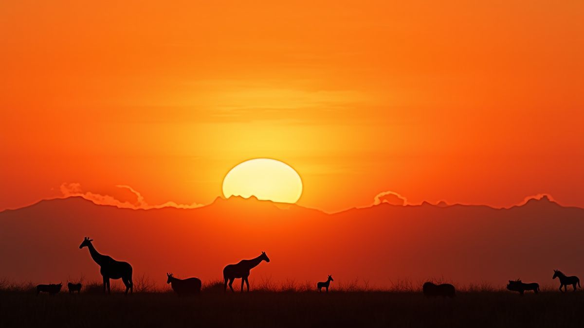 Paisagem da savana africana ao pôr do sol com silhuetas de animais selvagens.