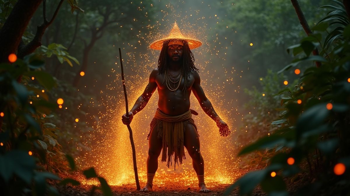 Efeitos mágicos brilhantes rodeando um bruxo tribal em uma selva africana.