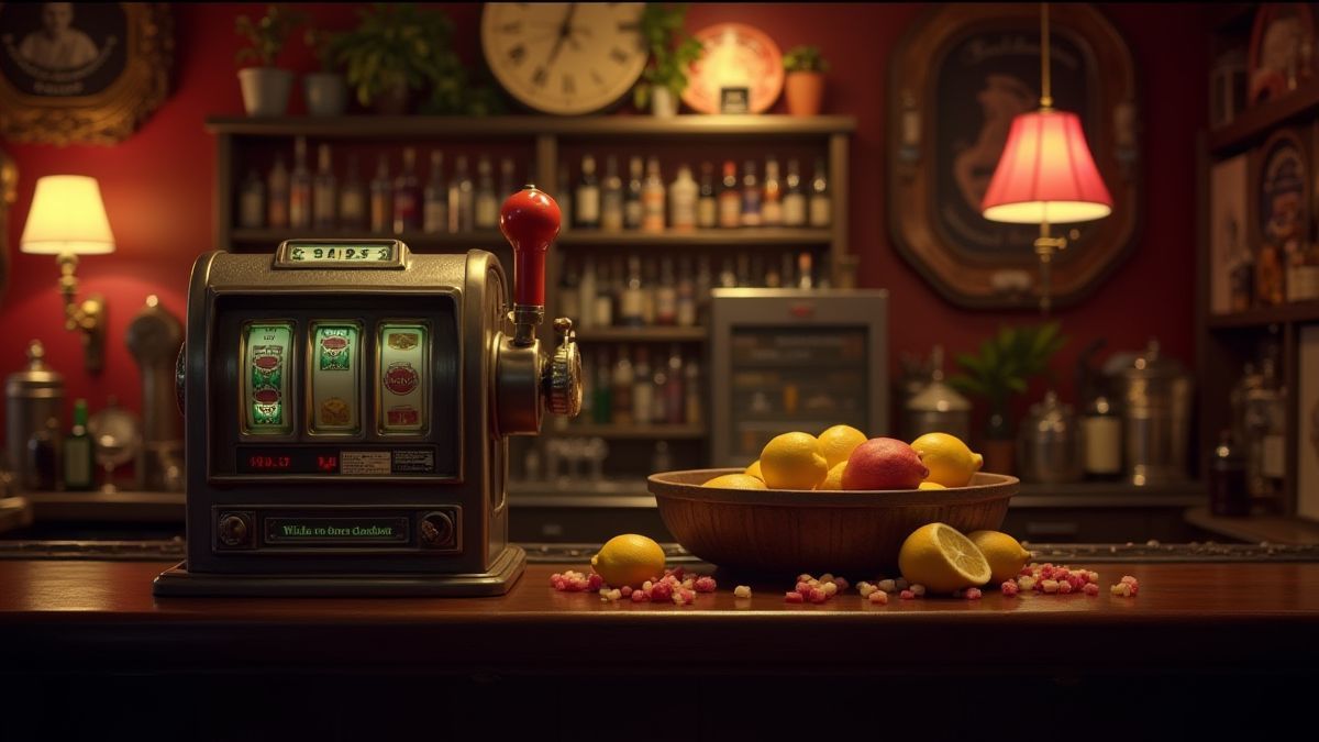 Retro-Spielautomat in einer gemütlichen Kneipe mit Früchten drumherum.