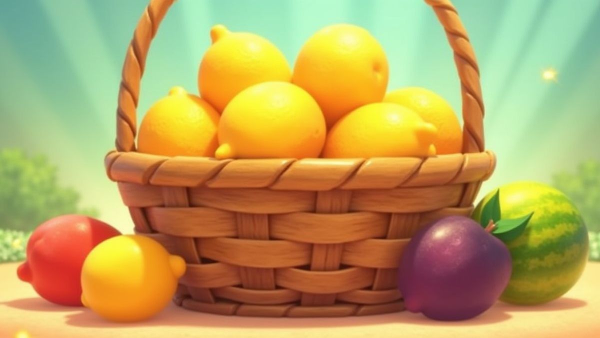 Animierter Obstkorb mit Zitronen, Melonen und Pflaumen in einer hellen, verspielten Umgebung.