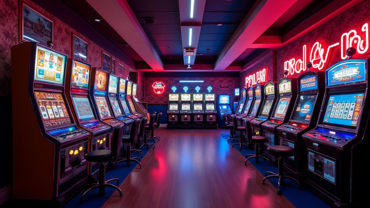 Retro-Spielraum mit klassischen Spielautomaten und bunten Lichtern.