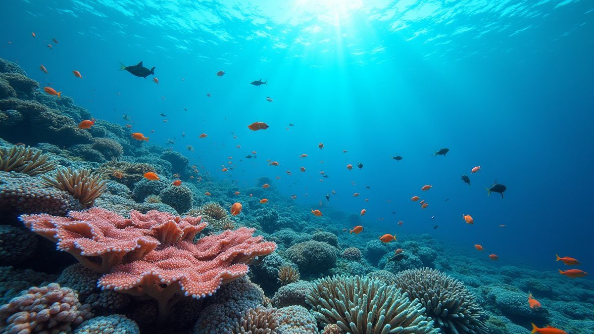 An underwater reef full of colorful fish and scattered pearls.