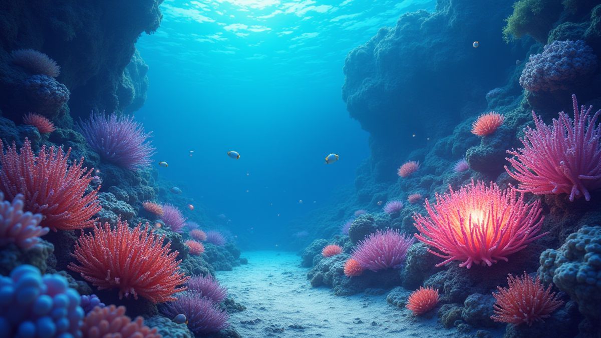 Vibrant underwater scene with glowing pearls and colorful corals.