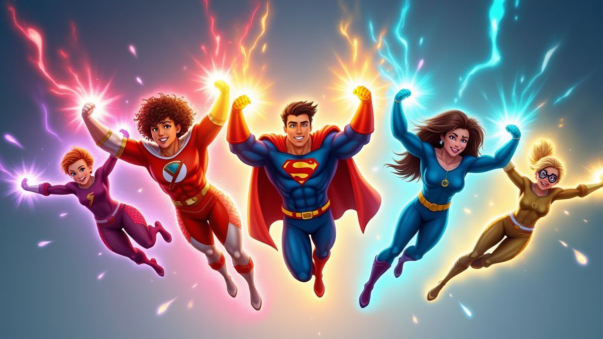 Superhéros volant avec de l'énergie dans leurs mains