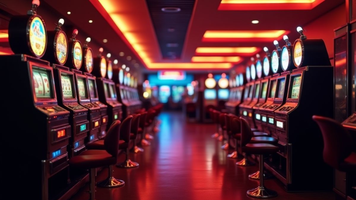 Image d'un casino avec des machines à sous vintage et des lumières brillantes.