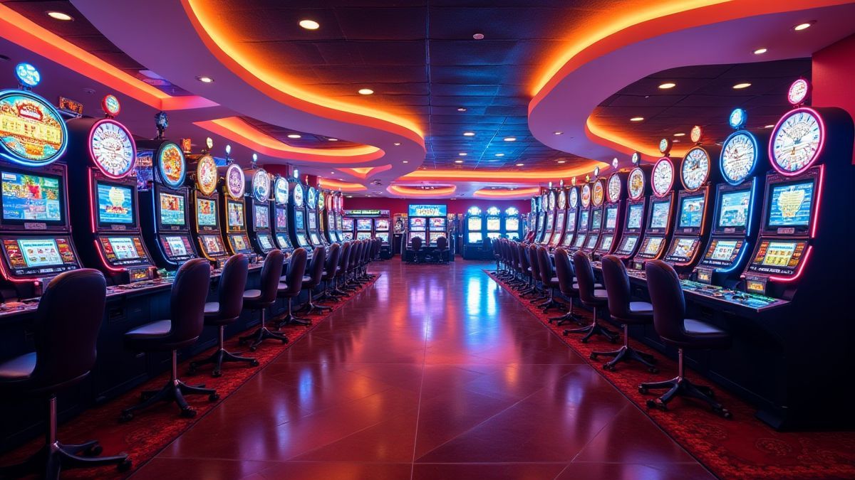 Casino lleno de color con máquinas y luces de neón.
