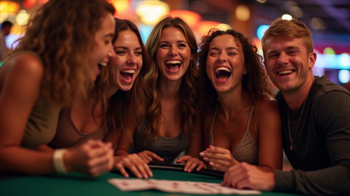 Grupo de amigos celebrando en un casino.