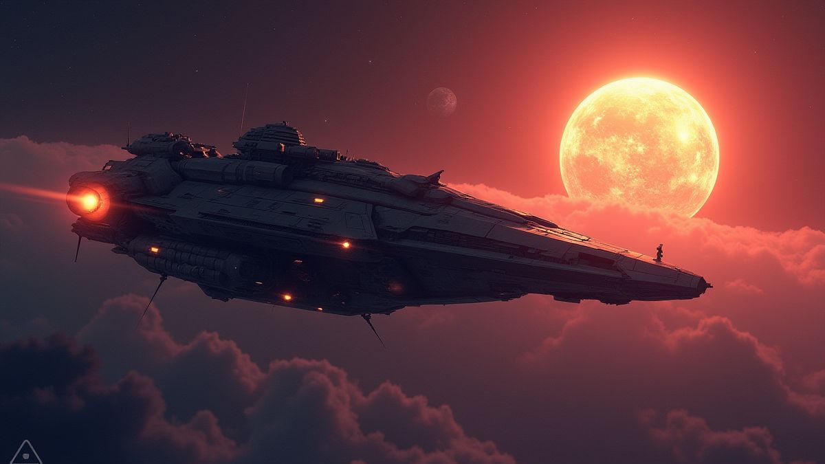 Eine futuristische Raumfähre in der Nähe eines leuchtenden Planeten.