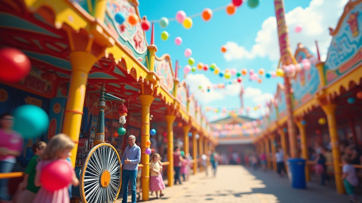 Carnaval vibrante con ruedas y globos coloridos.