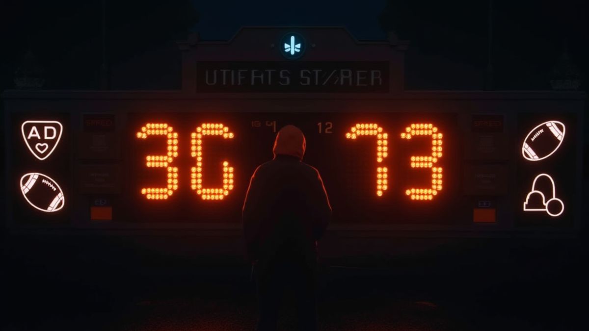 Digital scoreboard with glowing numbers and football symbols.