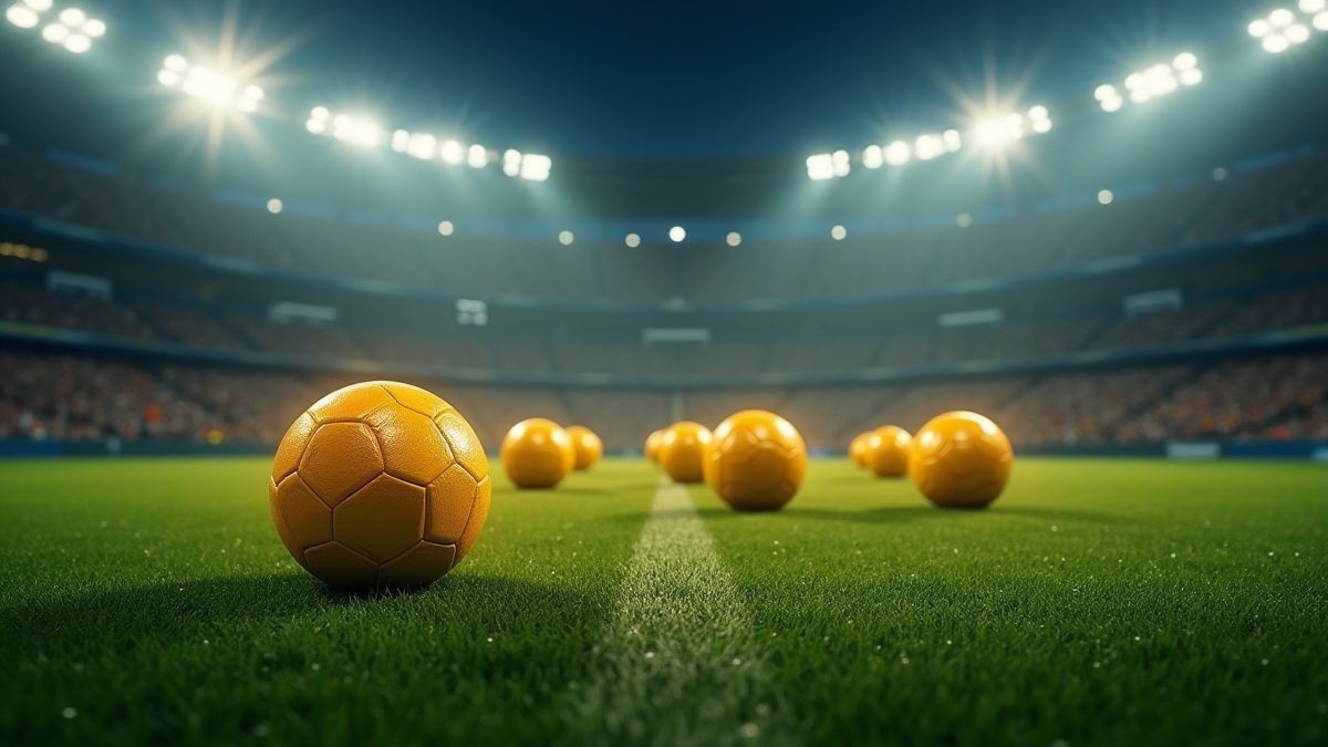 Golden footballs glowing on a green pitch under stadium lights.