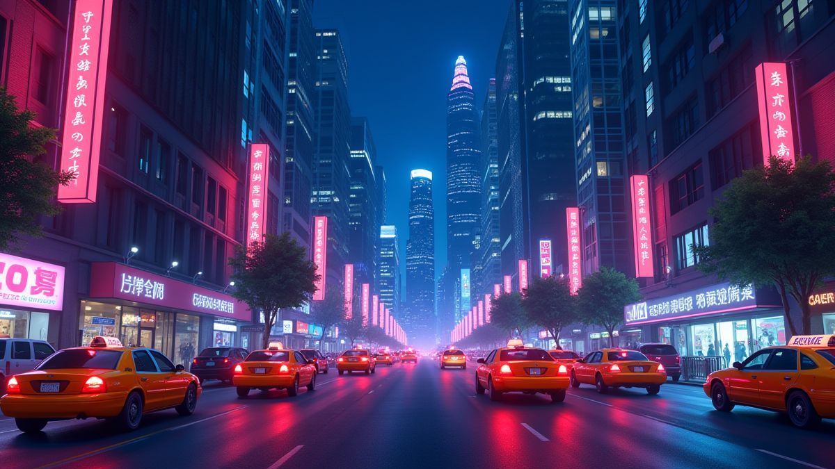 Una calle de la ciudad animada con taxis y rascacielos iluminados por luces de neón.