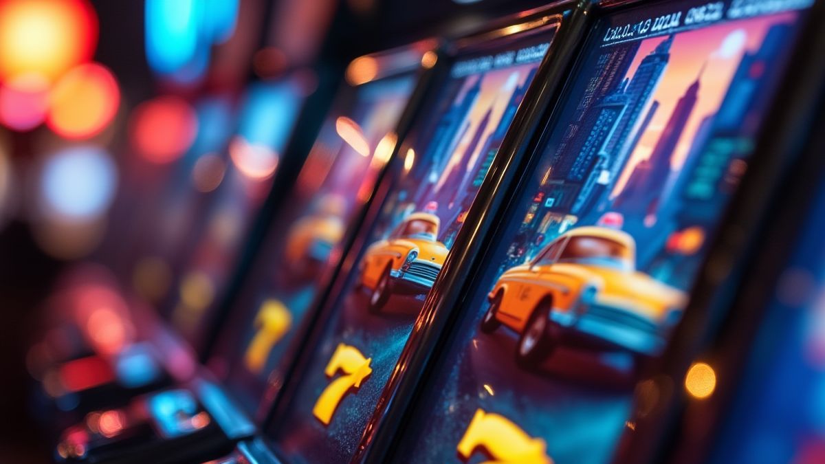 Una vista cercana de los carretes del slot con íconos urbanos como taxis y rascacielos.