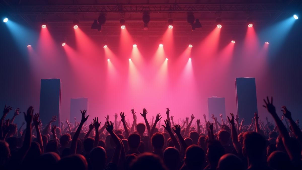 Escenario de concierto de rock con público animado.