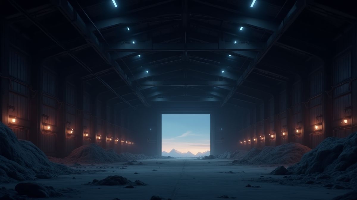 Un hangar oscuro con luces brillantes y motivos de rock.
