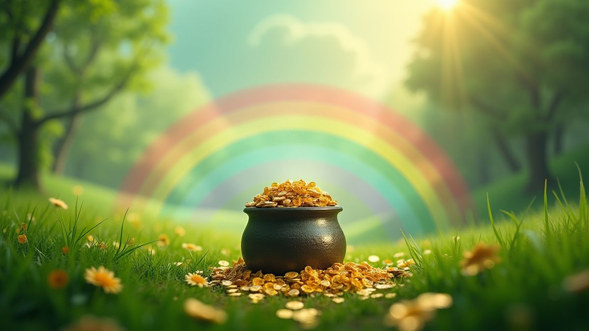 A pot of gold at the end of a rainbow in a green landscape.