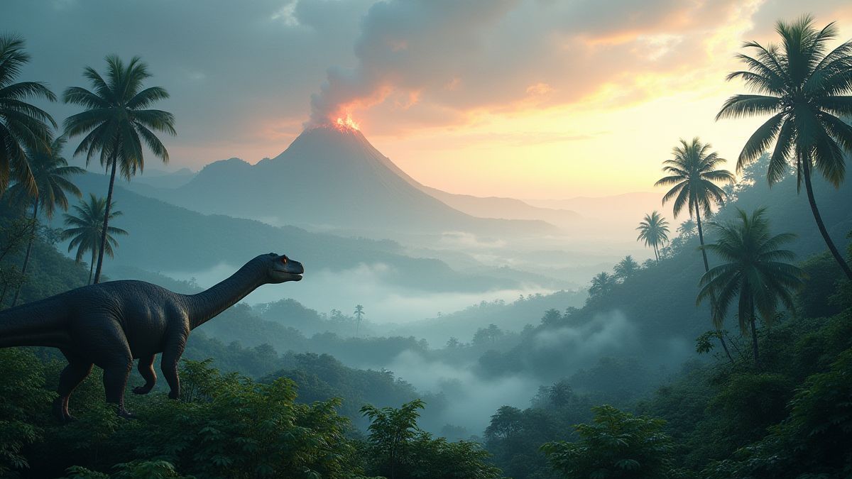Una jungla con dinosaurios y volcanes activos en el horizonte.