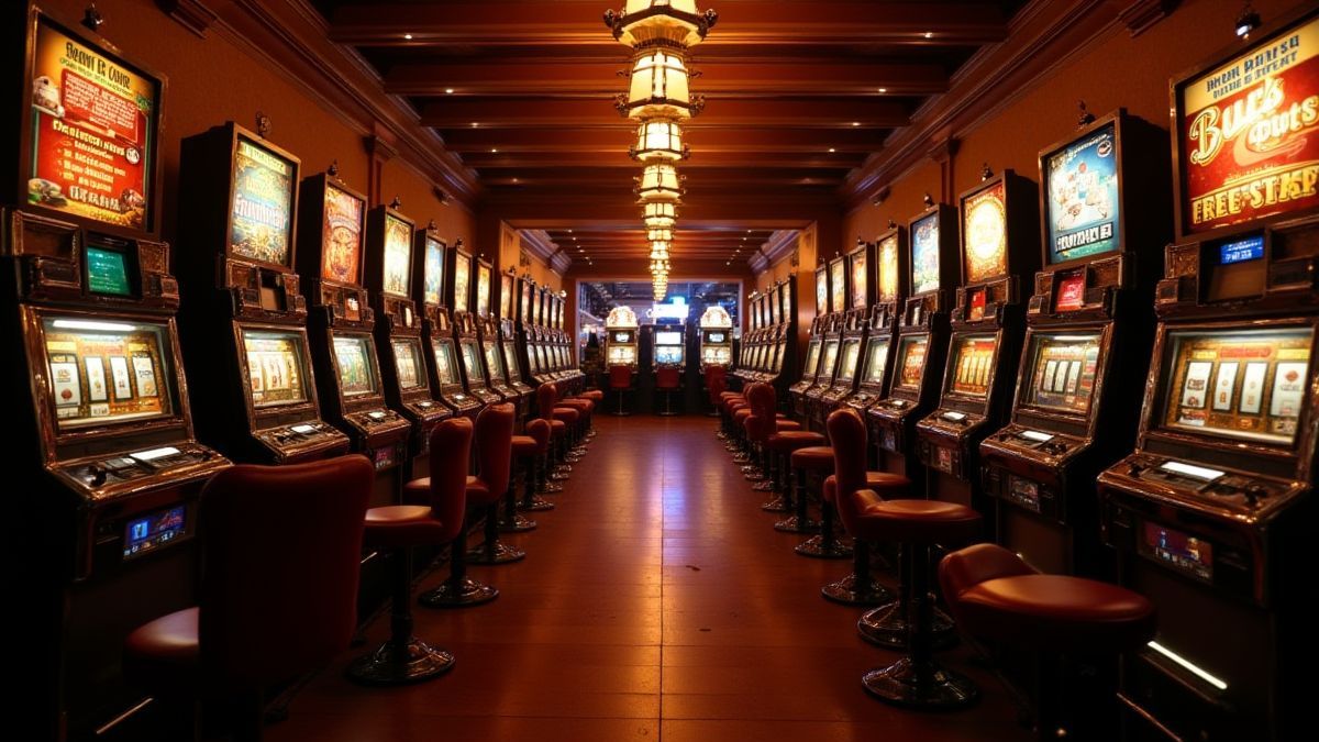 Classic casino floor with vintage slot machines glowing.