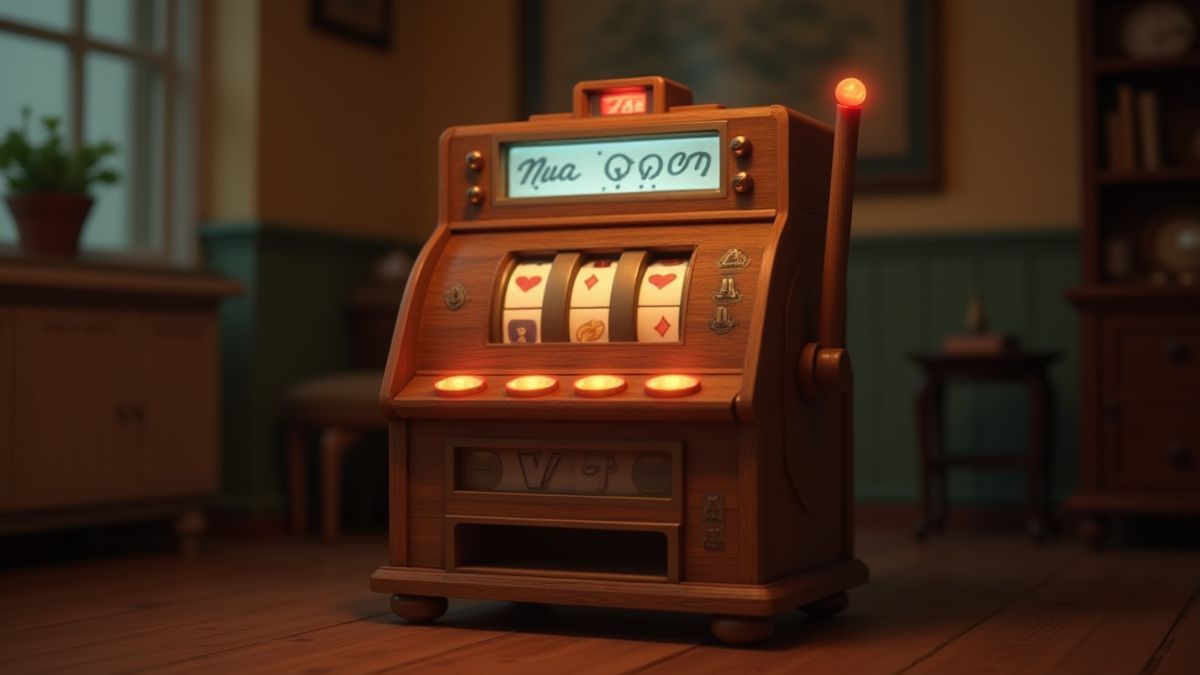 Houten gokkast in een retro-omgeving.