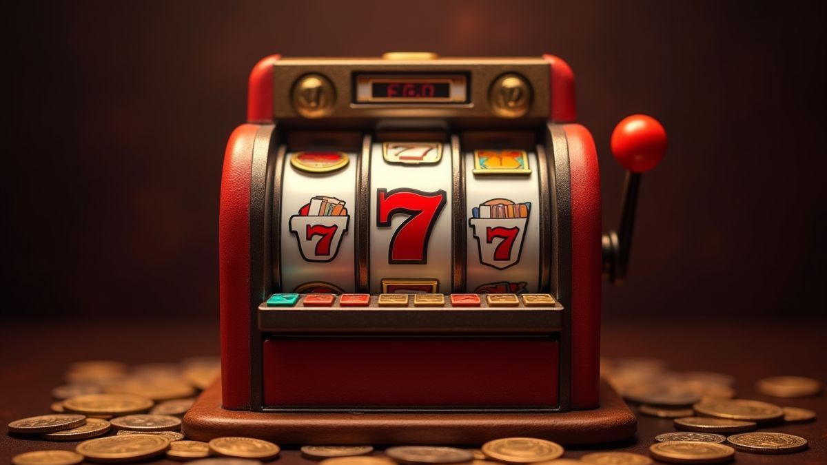 Gokkast omringd door munten in een retro casino.