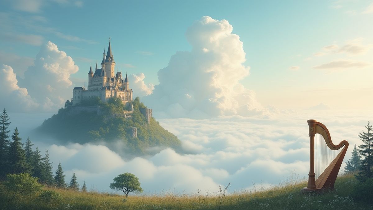 Paisagem de conto de fadas com um castelo nas nuvens.
