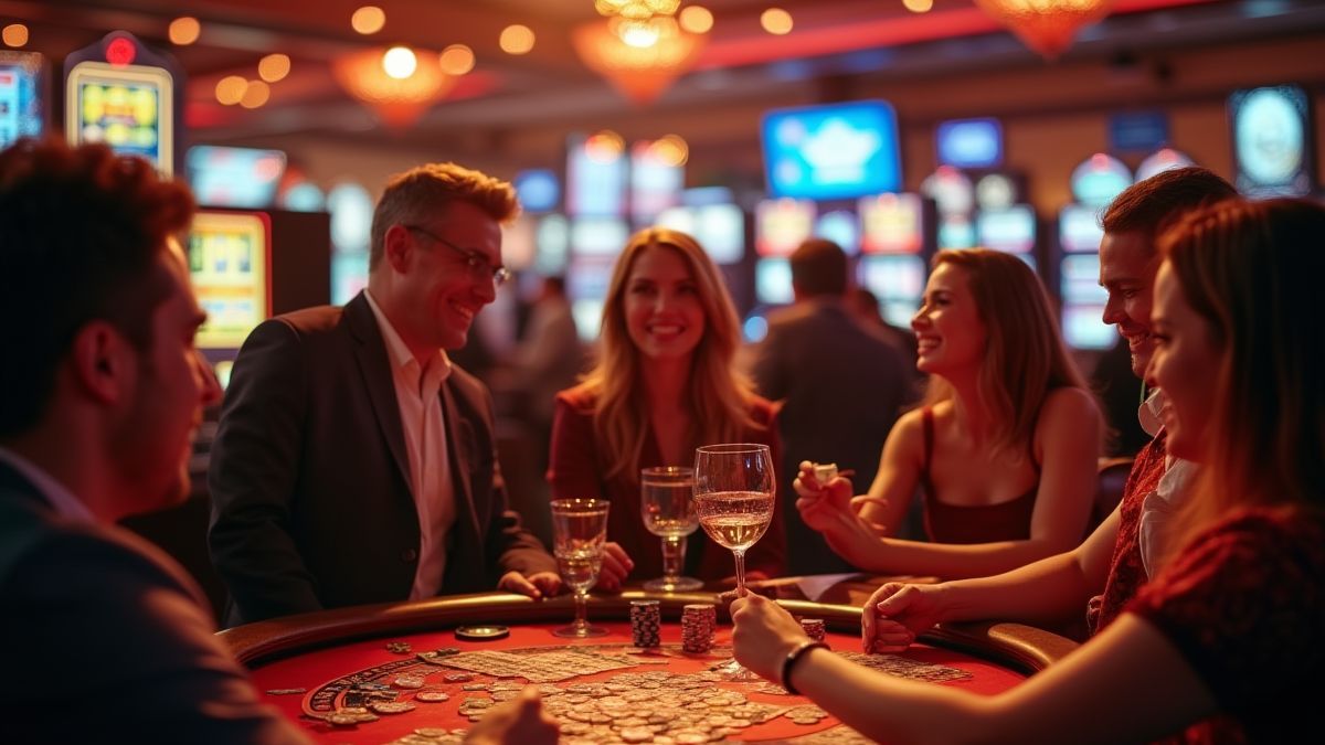 Festive casino scene with players celebrating.