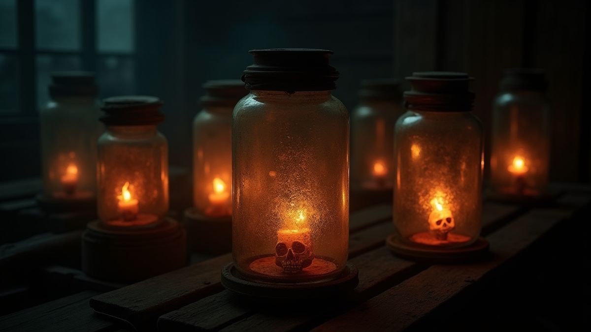 Gläser mit menschlichen Organen in einem dunklen Raum mit flackernden Lichtern.
