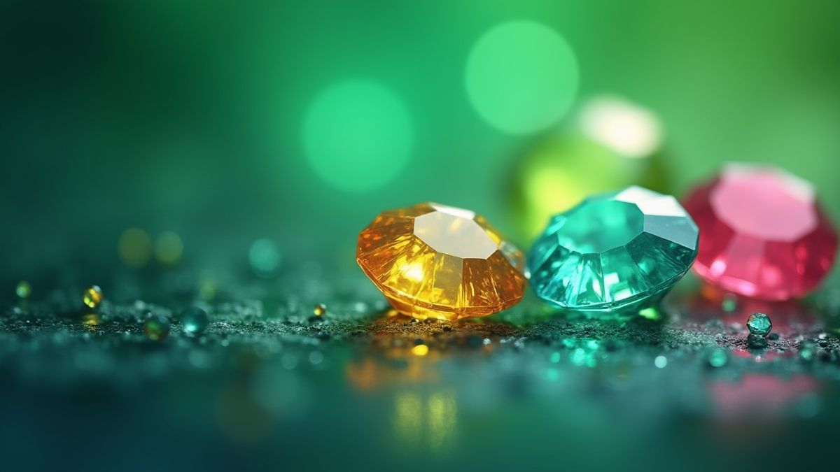 Edelsteine, die über einen smaragdgrünen Hintergrund strahlen.