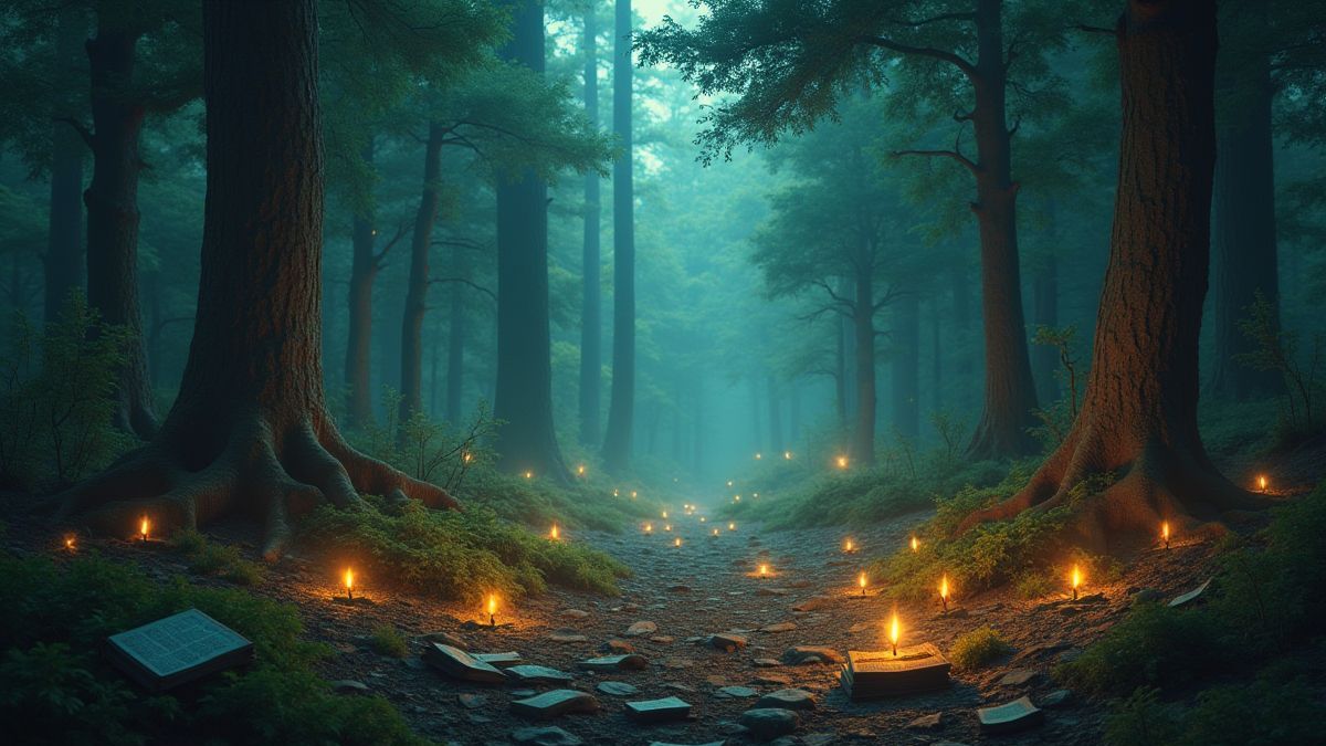 Bosque mágico com runas brilhantes e livros antigos no chão.