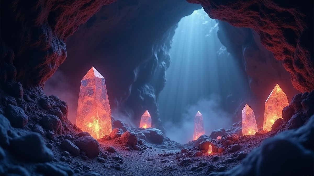Een magische grot met stralende kristallen en een mystieke sfeer.