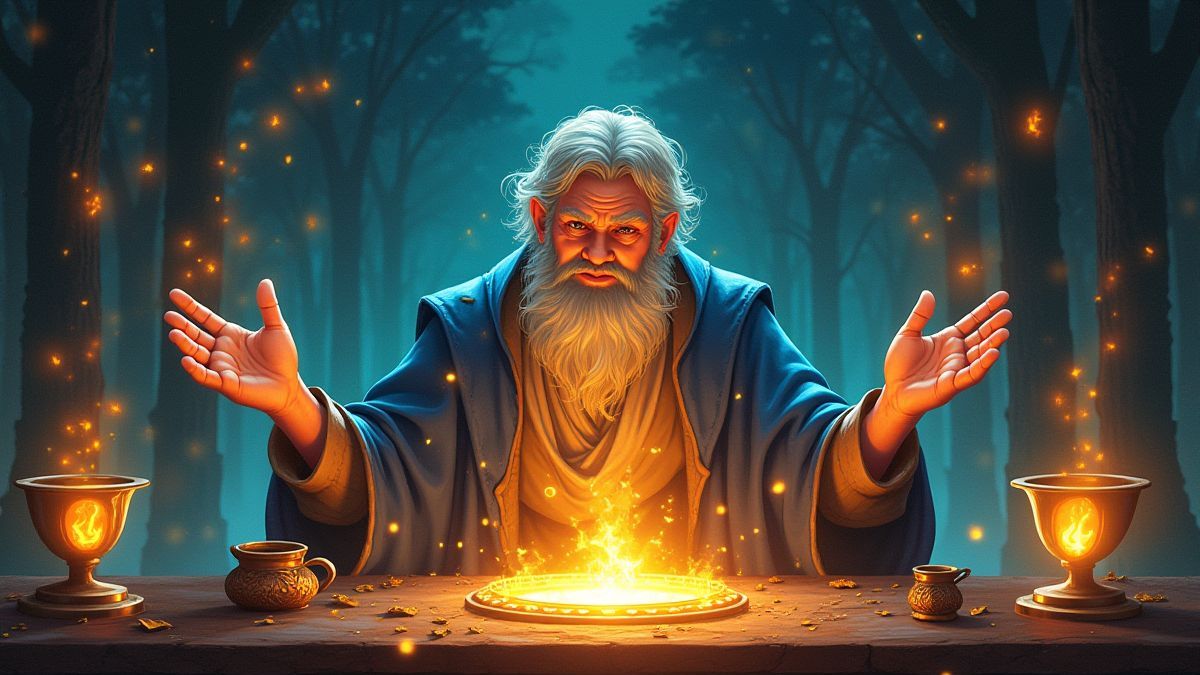 Merlin die spreuken werpt omringd door stralende magische spiegels.