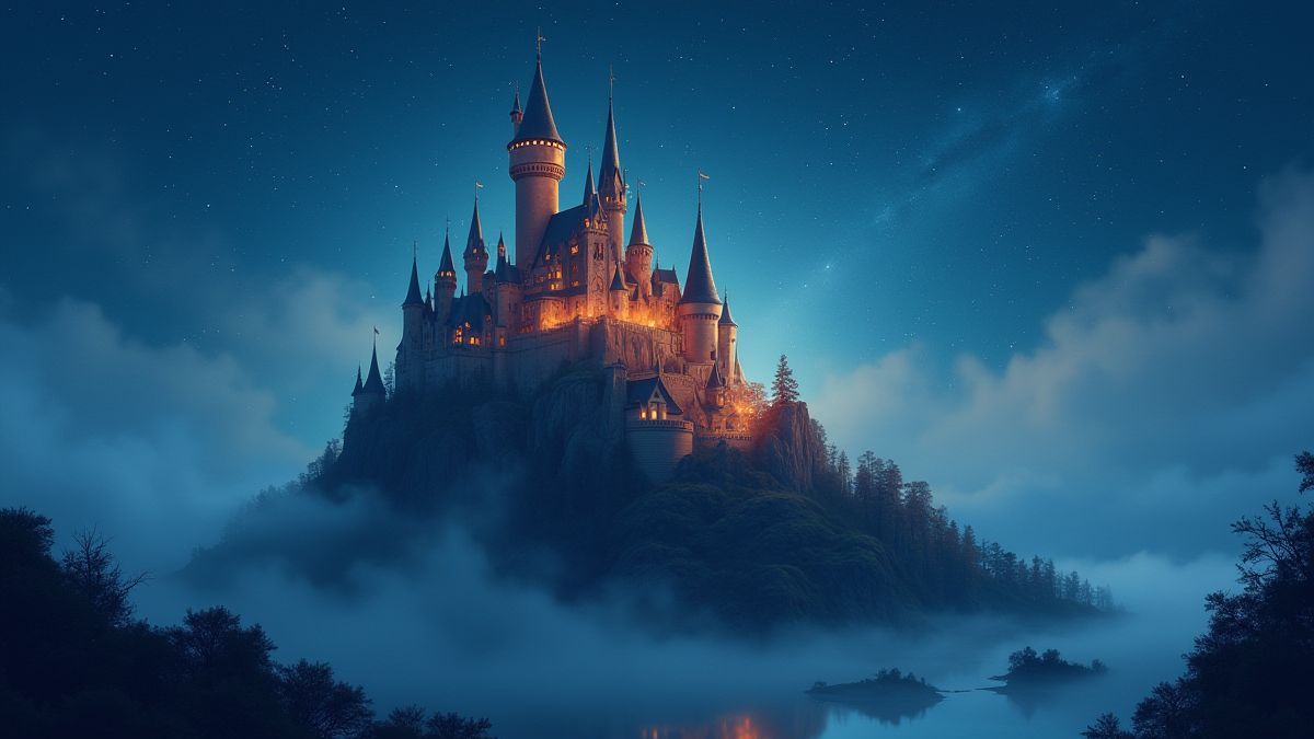 Castelo medieval rodeado de estrelas brilhantes e névoa mágica.