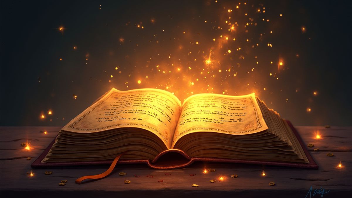 Libro de hechizos resplandeciente con runas doradas.