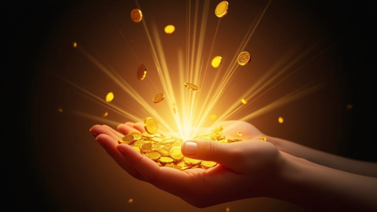 Explosión mágica de luz con monedas doradas volando.