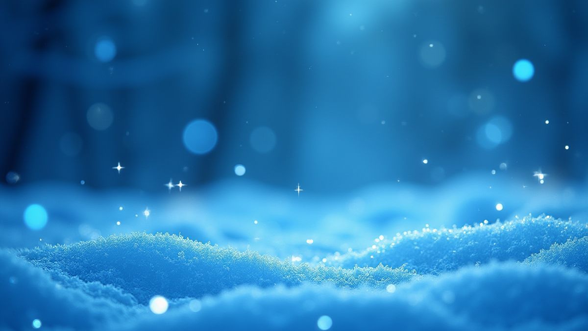 Eisige Landschaft mit leuchtenden Schneeflocken und magischen blauen Lichtern.