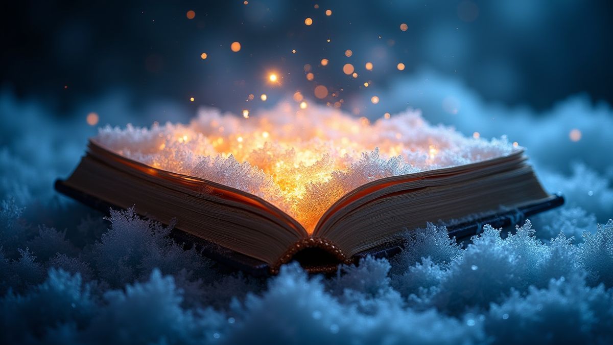 Leuchtendes magisches Buch umgeben von eisigen Effekten und blauen Funkeln.