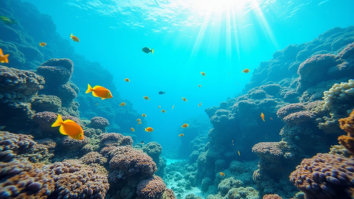 Tropical fish swimming among coral reefs.