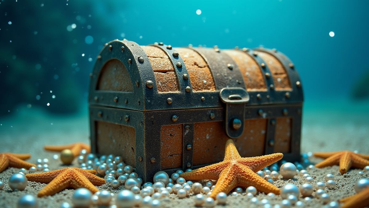 An underwater treasure chest surrounded by pearls and starfish.