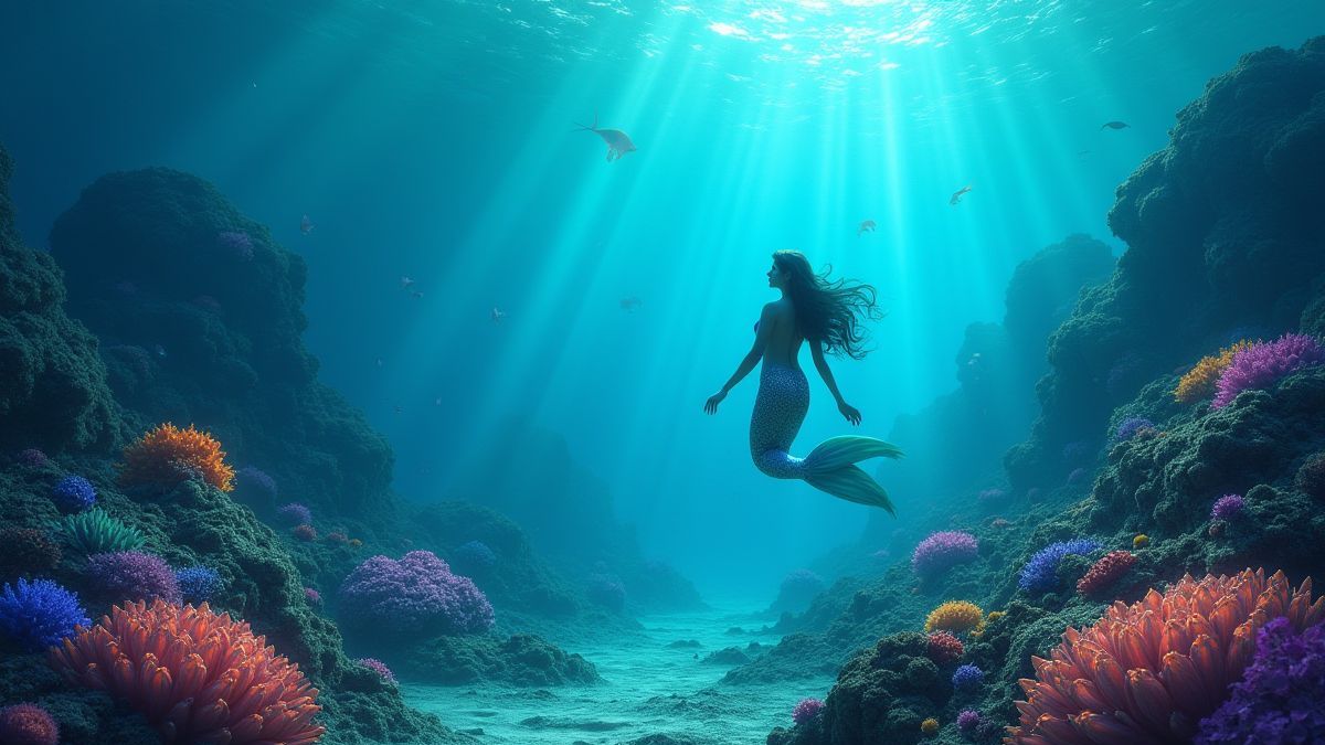 Underwater kingdom with coral reefs and a mermaid