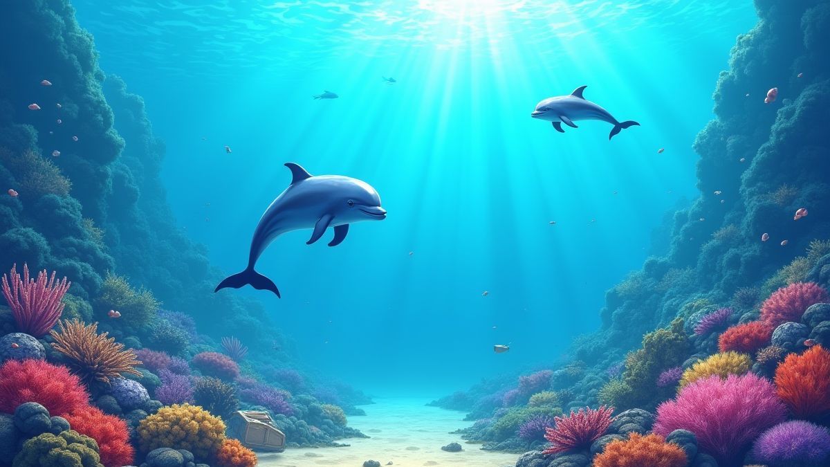 Vibrante Unterwasserszene mit Korallenriffen und spielenden Delfinen.