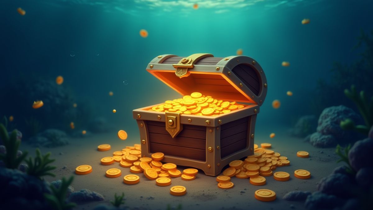 Schatztruhe umgeben von Goldmünzen und Perlen unter Wasser.