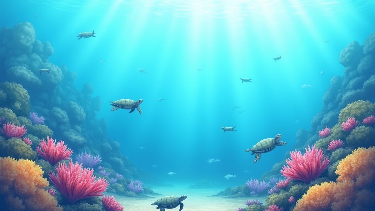 Unterwasserszene mit Schildkröten und lebhaften Korallenriffen.