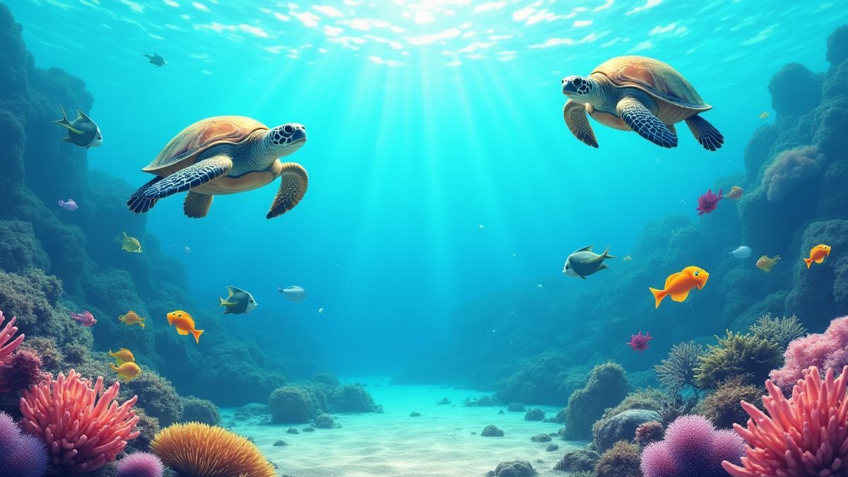 Escena submarina con criaturas marinas cerca de arrecifes de coral.
