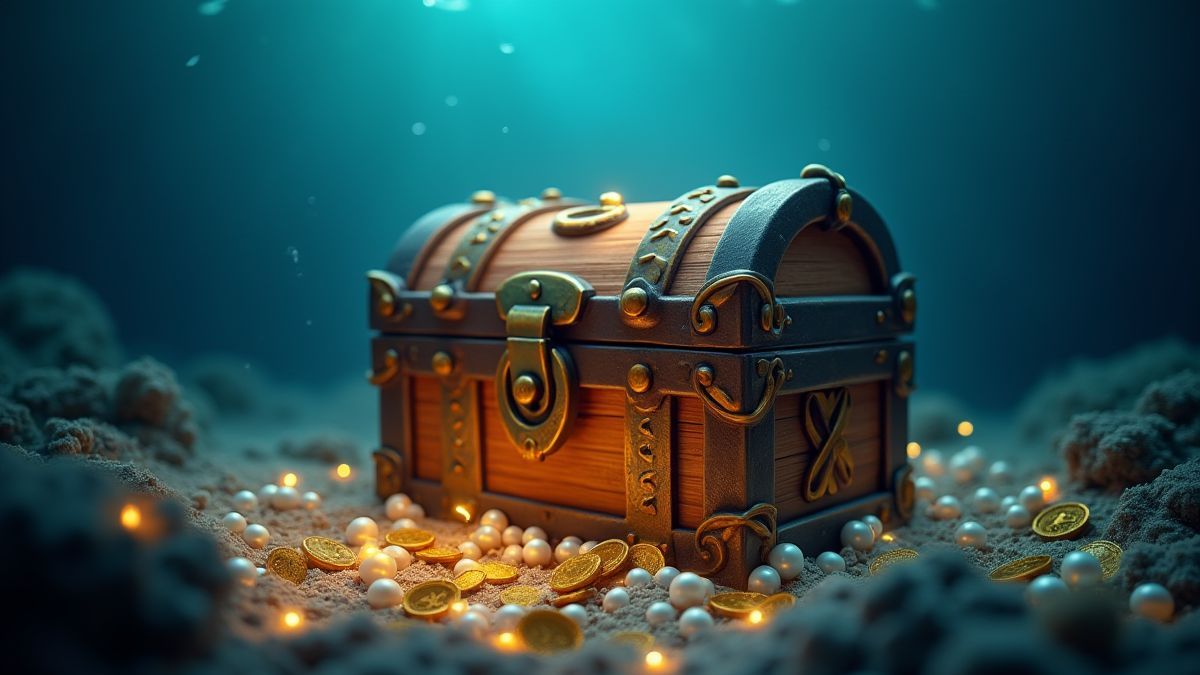 Cofre del tesoro brillante rodeado de perlas y monedas de oro bajo el agua.