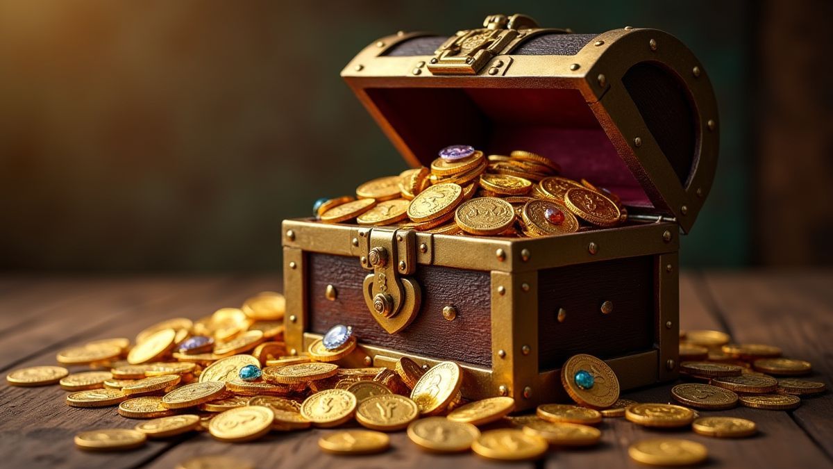 Cofre del tesoro lleno de monedas de oro y joyas.