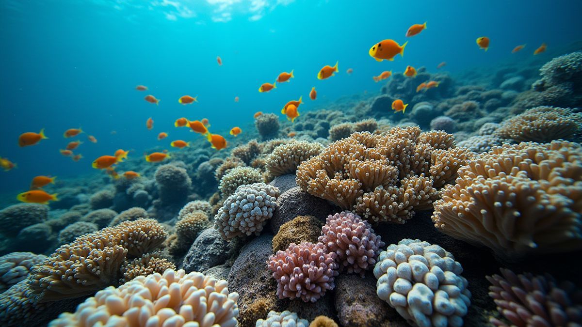 Um arrecife de coral com peixes coloridos nadando ao redor.