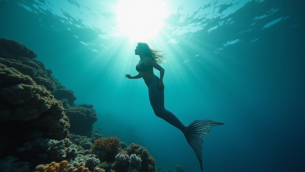 Uma sereia nadando graciosamente perto de um arrecife de coral com luz solar filtrando.
