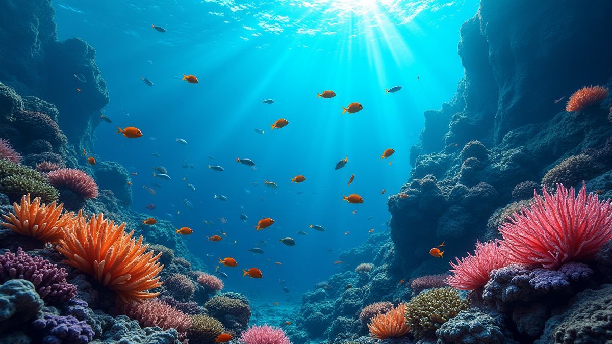 A coral reef filled with tropical fish and glowing underwater plants.